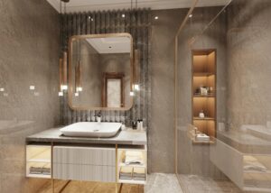 A luxurious modern bathroom featuring elegant design and high-quality materials.