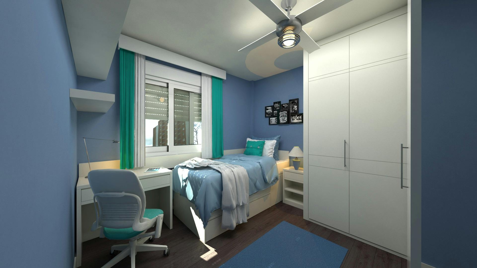 Contemporary bedroom decor with blue tones, modern furniture, and bright lighting.