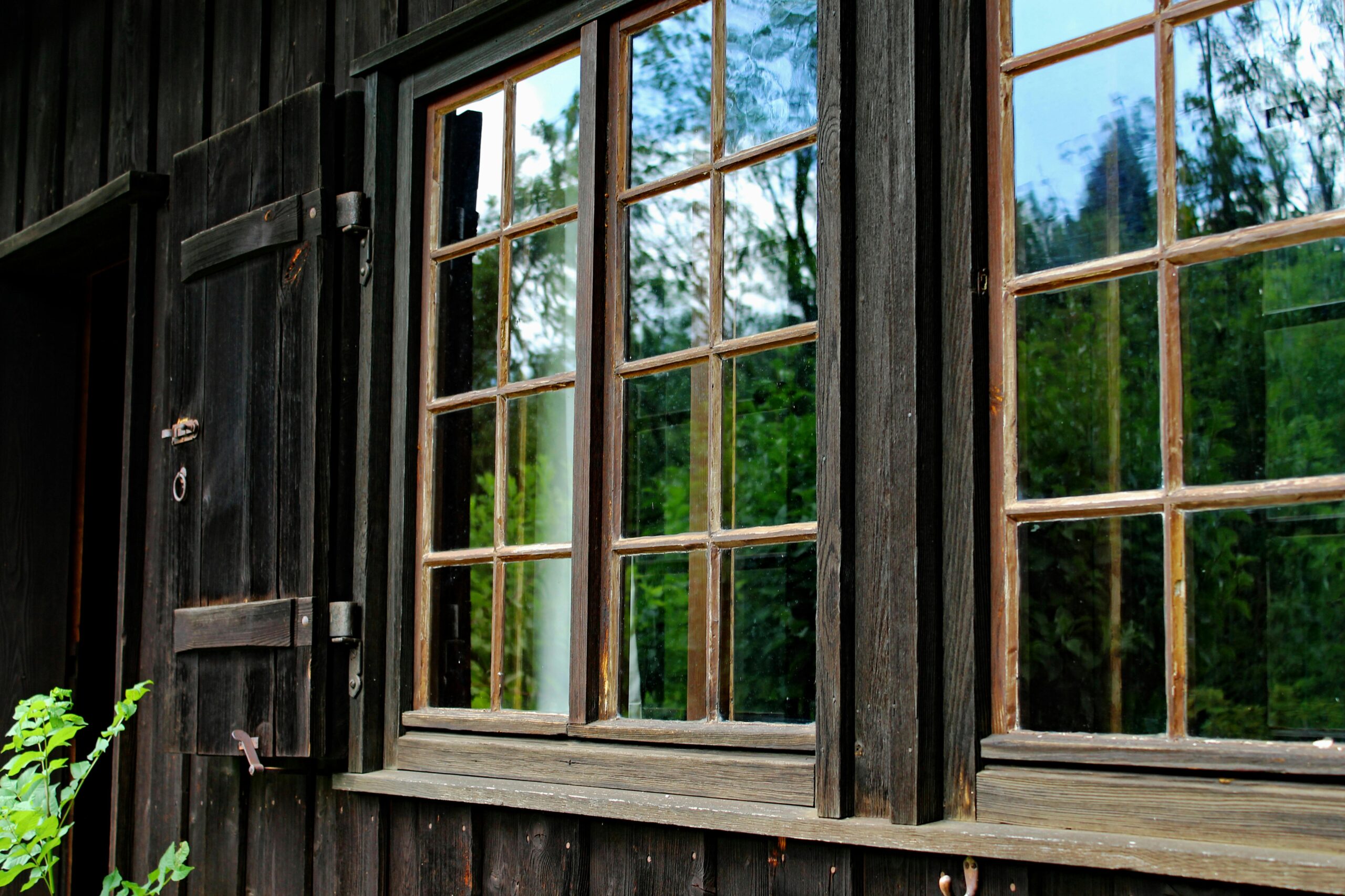 Close-up of a rustic wooden cabin window reflecting lush greenery in Oberstdorf, Bavaria.