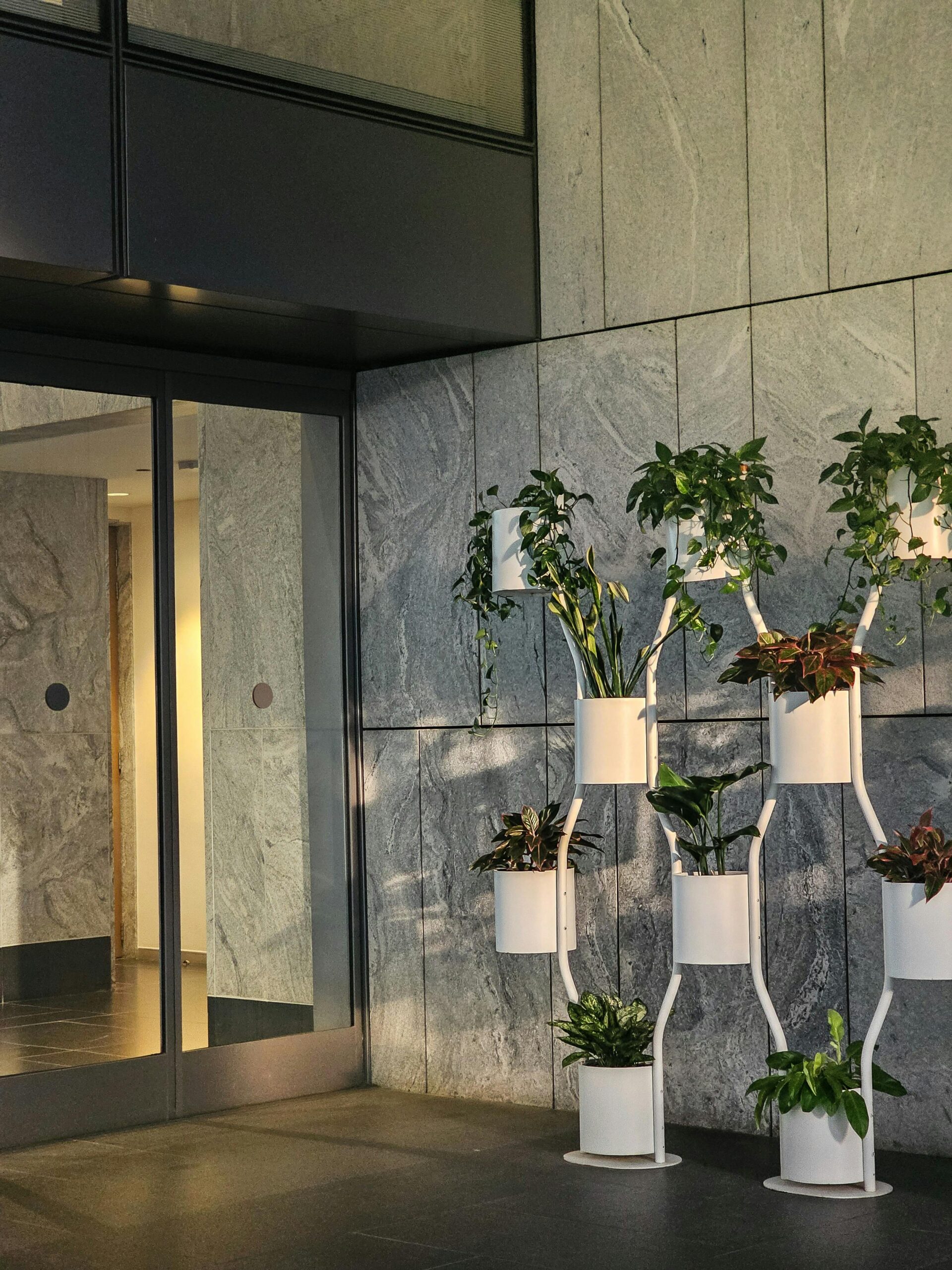 Vertical indoor garden in a modern office lobby with potted plants and natural lighting.