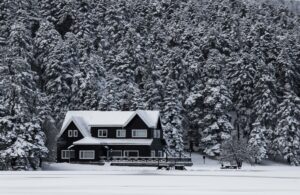 A scenic winter landscape featuring a snow-covered house surrounded by a dense, frosted forest.